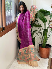 Purple Rai Bandhej Dupatta with Kantha Handwork in Pure Munga Tussar Silk