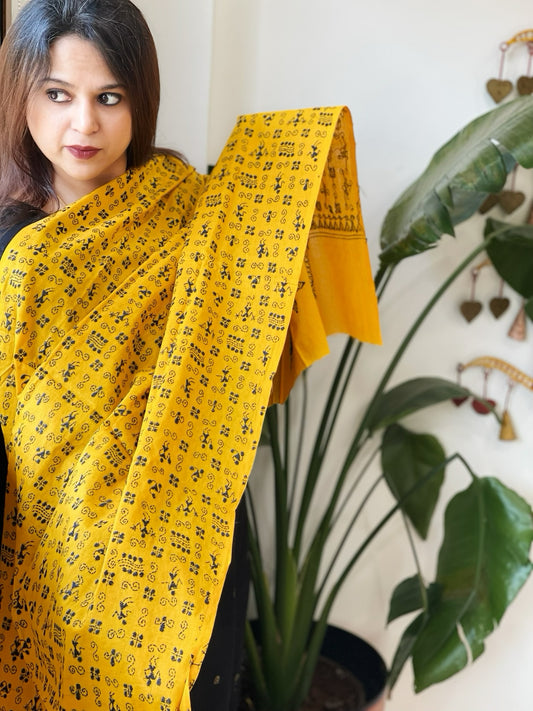 Yellow Handmade Kantha Dupatta in Pure Cotton