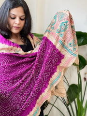 Purple Rai Bandhej Dupatta with Kantha Handwork in Pure Munga Tussar Silk