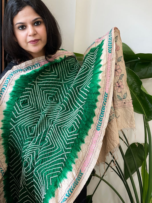 Green Rai Bandhej Dupatta with Kantha Handwork in Pure Munga Tussar Silk