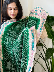 Green Rai Bandhej Dupatta with Kantha Handwork in Pure Munga Tussar Silk