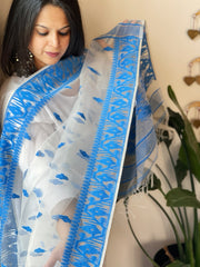 Blue, White Handwoven Jamdani Dupatta in Pure Muslin