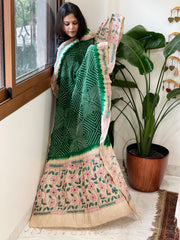 Green Rai Bandhej Dupatta with Kantha Handwork in Pure Munga Tussar Silk