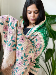 Green Rai Bandhej Dupatta with Kantha Handwork in Pure Munga Tussar Silk