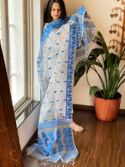 Blue, White Handwoven Jamdani Dupatta in Pure Muslin