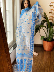 Blue, White Handwoven Jamdani Dupatta in Pure Muslin