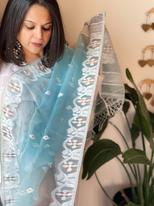 Lite Aqua Blue Handwoven Jamdani Dupatta in Pure Muslin