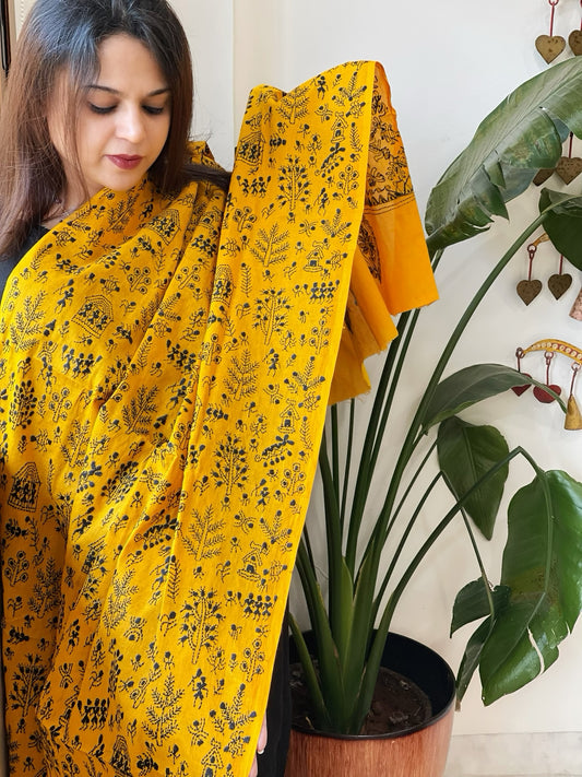 Yellow Handmade Kantha Dupatta in Pure Cotton