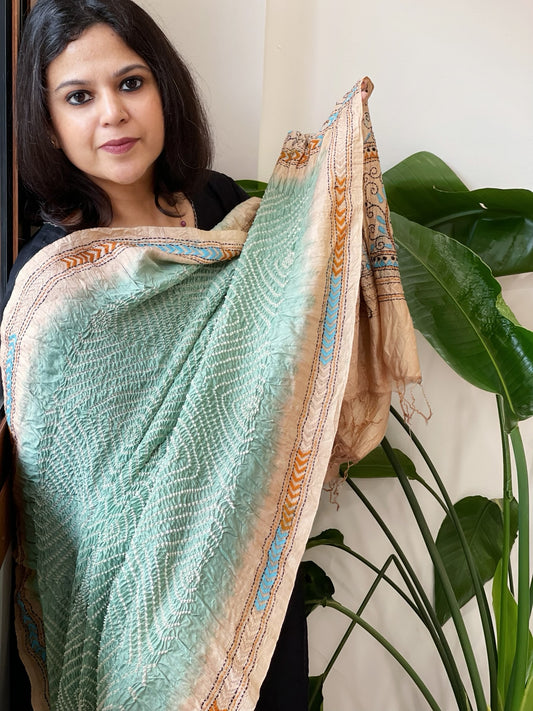 Aqua Green Rai Bandhej Dupatta with Kantha Handwork in Pure Munga Tussar Silk