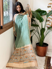 Aqua Green Rai Bandhej Dupatta with Kantha Handwork in Pure Munga Tussar Silk