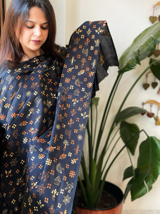 Black Handmade Kantha Dupatta in Pure Cotton