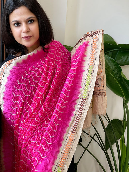Hot Pink Rai Bandhej Dupatta with Kantha Handwork in Pure Munga Tussar Silk