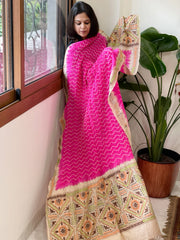 Hot Pink Rai Bandhej Dupatta with Kantha Handwork in Pure Munga Tussar Silk