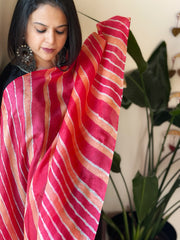 Peach, Coral Red Tussar Silk Leheriya Dupatta