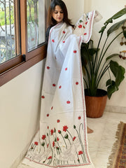 White Handmade Kantha Dupatta in Pure Cotton