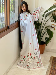White Handmade Kantha Dupatta in Pure Cotton