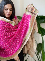 Hot Pink Rai Bandhej Dupatta with Kantha Handwork in Pure Munga Tussar Silk