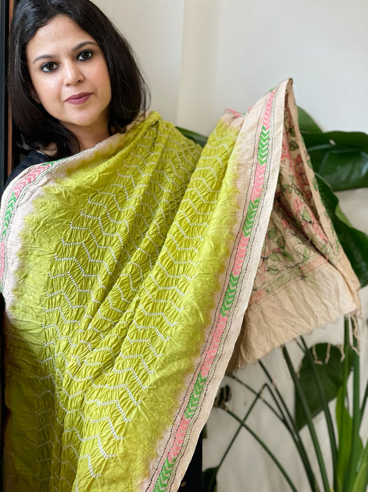 Parrot Green Rai Bandhej Dupatta with Kantha Handwork in Pure Munga Tussar Silk