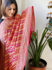 Pink, Peach Handwoven Banarasi Rangkhat Dupatta in Pure Georgette