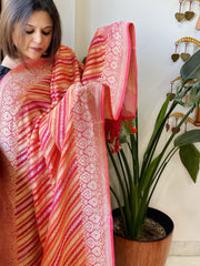 Pink, Peach Handwoven Banarasi Rangkhat Dupatta in Pure Georgette