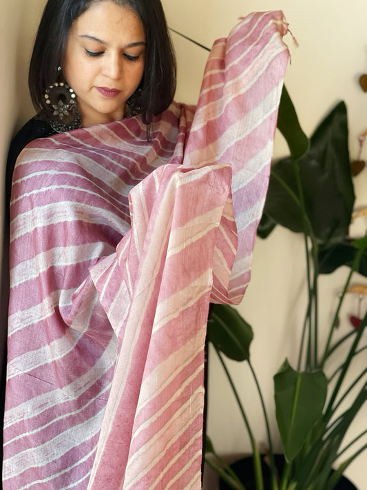 Mauve, Lite Pink Tussar Silk Leheriya Dupatta
