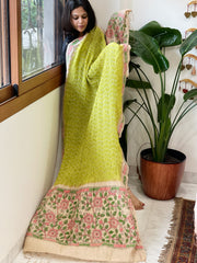 Parrot Green Rai Bandhej Dupatta with Kantha Handwork in Pure Munga Tussar Silk