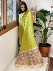 Parrot Green Rai Bandhej Dupatta with Kantha Handwork in Pure Munga Tussar Silk