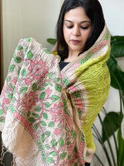 Parrot Green Rai Bandhej Dupatta with Kantha Handwork in Pure Munga Tussar Silk