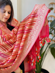 Pink, Peach Handwoven Banarasi Rangkhat Dupatta in Pure Georgette