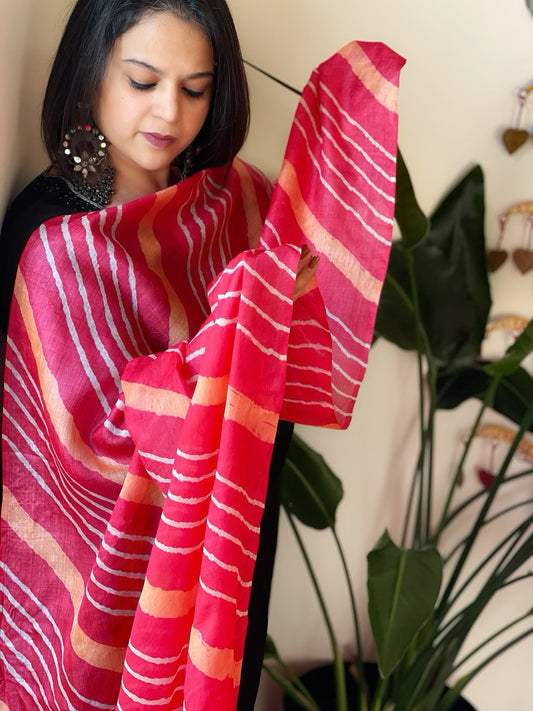 Coral Red, Peach Tussar Silk Leheriya Dupatta