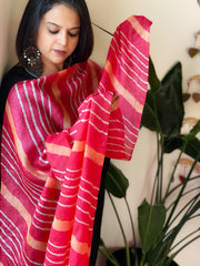 Coral Red, Peach Tussar Silk Leheriya Dupatta