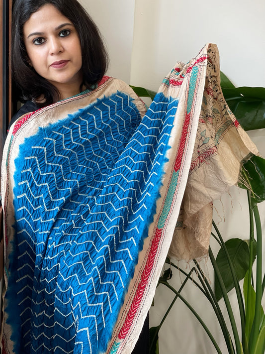 Firozi Blue Rai Bandhej Dupatta with Kantha Handwork in Pure Munga Tussar Silk