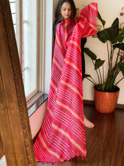 Coral Red, Peach Tussar Silk Leheriya Dupatta