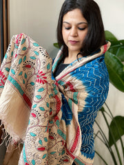 Firozi Blue Rai Bandhej Dupatta with Kantha Handwork in Pure Munga Tussar Silk