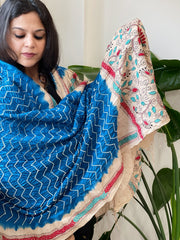 Firozi Blue Rai Bandhej Dupatta with Kantha Handwork in Pure Munga Tussar Silk