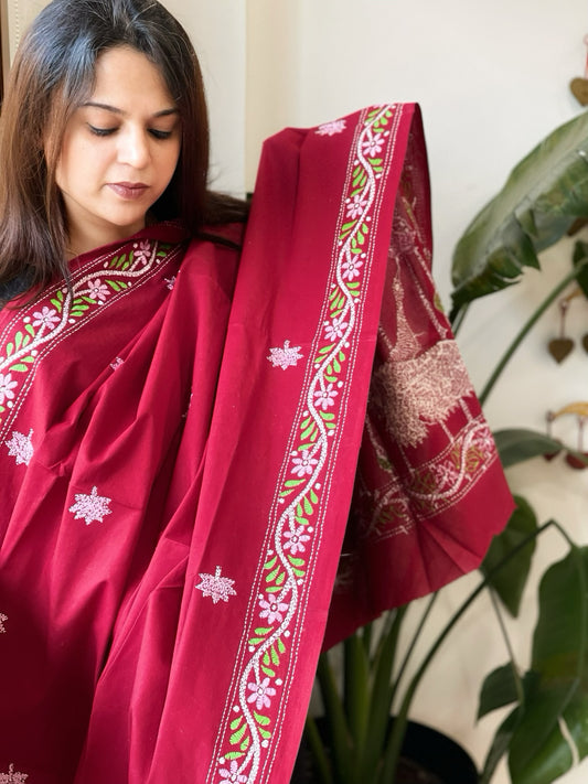 Maroon Handmade Kantha Dupatta in Pure Cotton