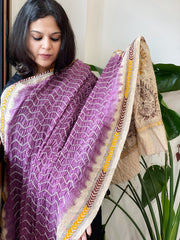 Mauve Rai Bandhej Dupatta with Kantha Handwork in Pure Munga Tussar Silk