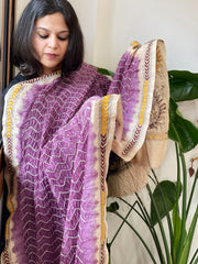 Mauve Rai Bandhej Dupatta with Kantha Handwork in Pure Munga Tussar Silk