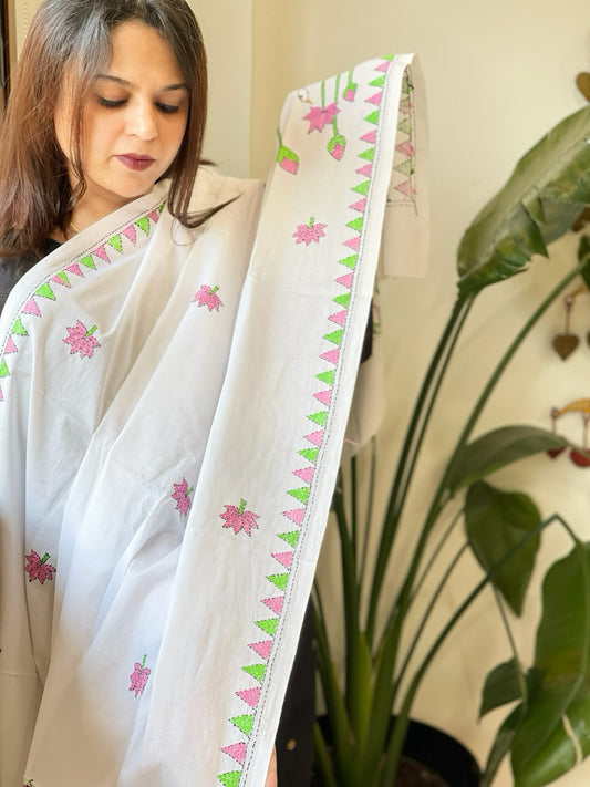 White Handmade Kantha Dupatta in Pure Cotton