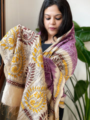 Mauve Rai Bandhej Dupatta with Kantha Handwork in Pure Munga Tussar Silk