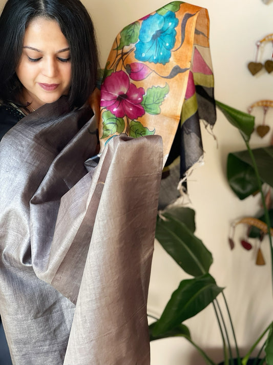 Handpainted Dupatta in Tussar Silk
