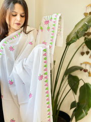 White Handmade Kantha Dupatta in Pure Cotton