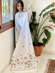 White Handmade Kantha Dupatta in Pure Cotton