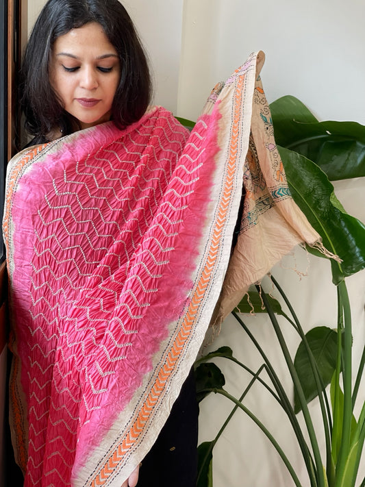 Coral Pink Rai Bandhej Dupatta with Kantha Handwork in Pure Munga Tussar Silk