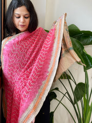 Coral Pink Rai Bandhej Dupatta with Kantha Handwork in Pure Munga Tussar Silk