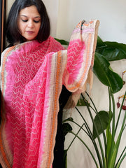 Coral Pink Rai Bandhej Dupatta with Kantha Handwork in Pure Munga Tussar Silk