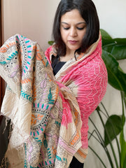 Coral Pink Rai Bandhej Dupatta with Kantha Handwork in Pure Munga Tussar Silk