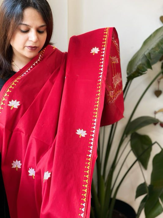 Red Handmade Kantha Dupatta in Pure Cotton