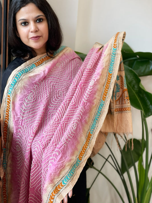 Lite Pink Rai Bandhej Dupatta with Kantha Handwork in Pure Munga Tussar Silk