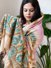 Lite Pink Rai Bandhej Dupatta with Kantha Handwork in Pure Munga Tussar Silk